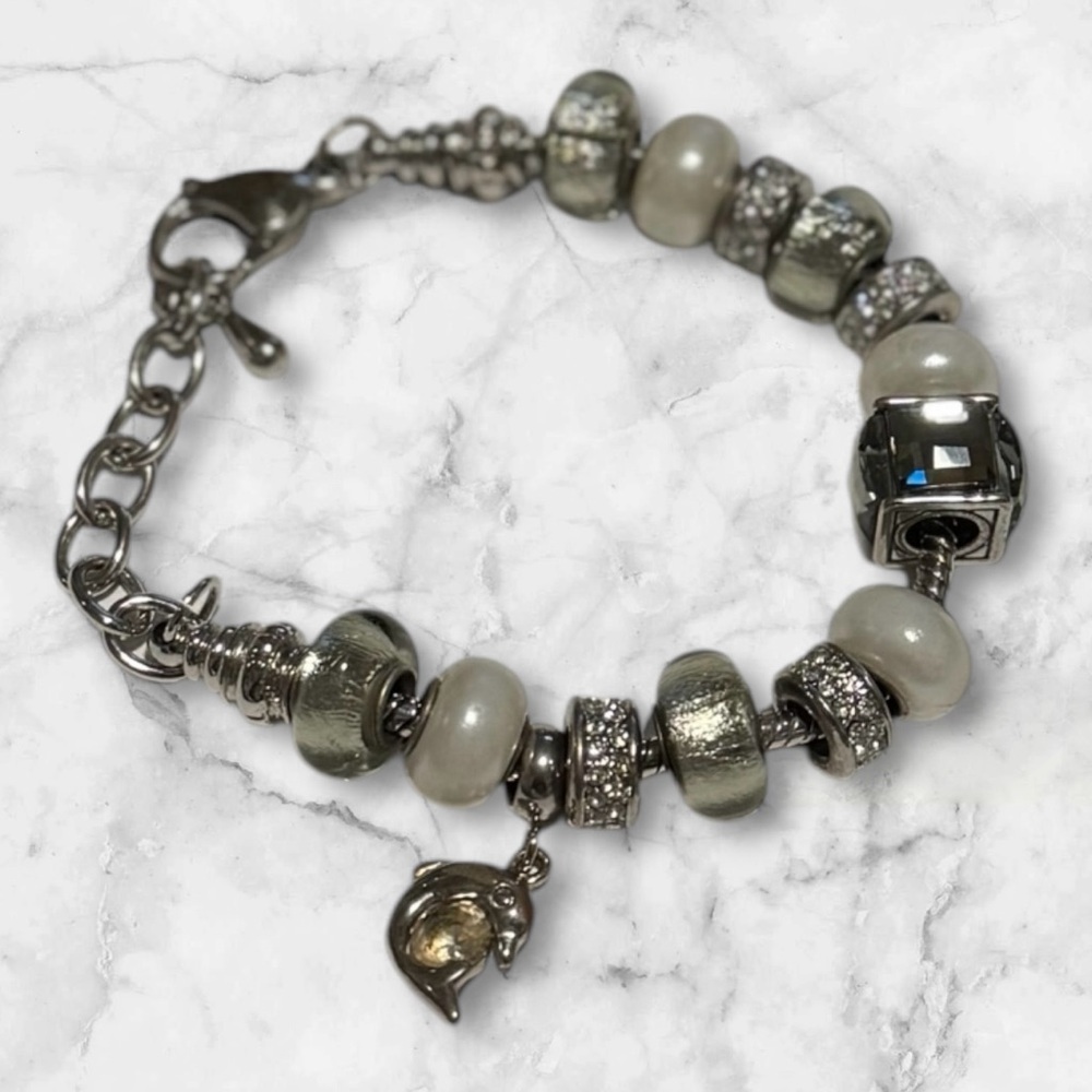 💎💟Vintage Silver Charm Bracelet with Pearls - Picture 2 of 14